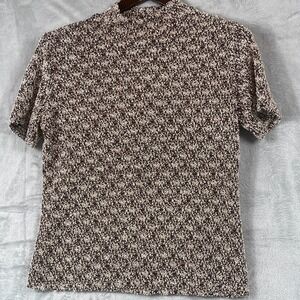 VTG Casual Corner Womens L Crochet Textured Top Brown Cream Mock Neck Stretch